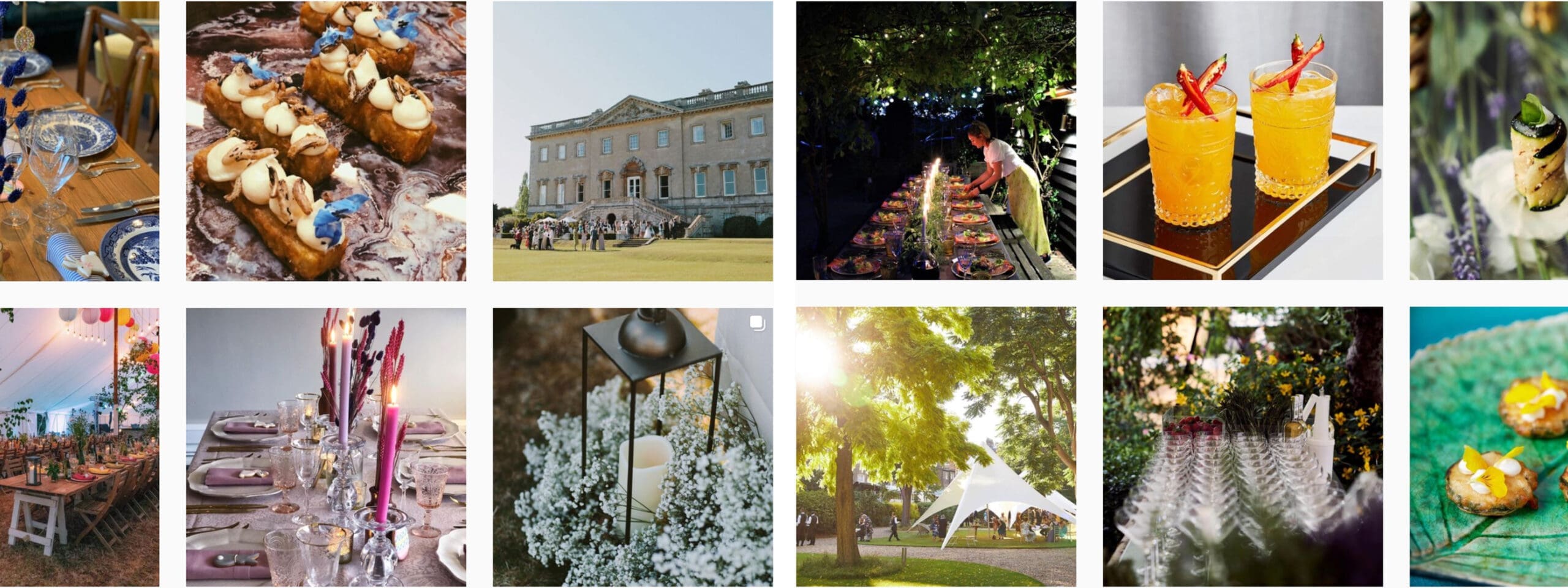Instagram account for caterers with various inspiration images, pictures of food and venues