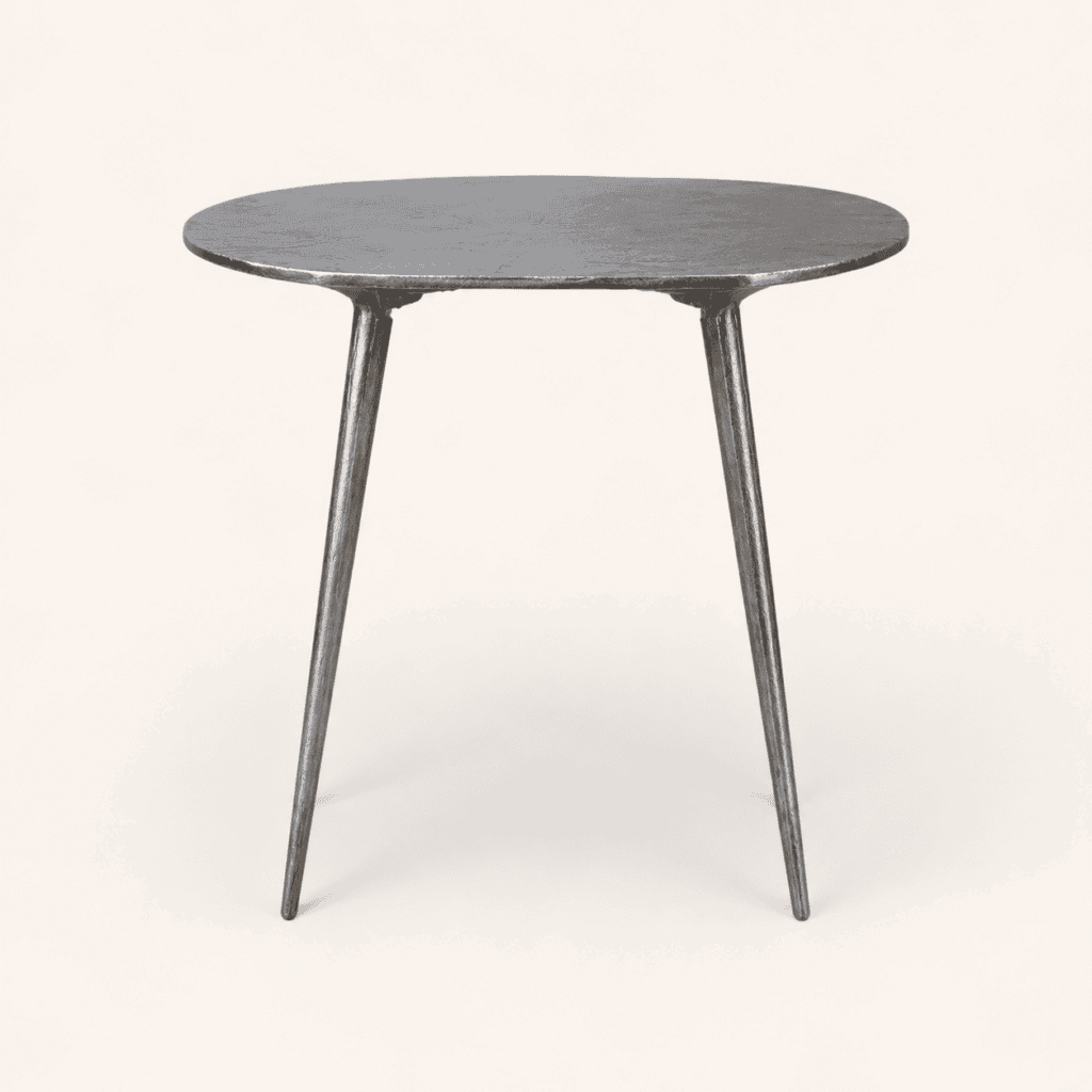 Round Burnished Side Table with industrial metal finish for event hire