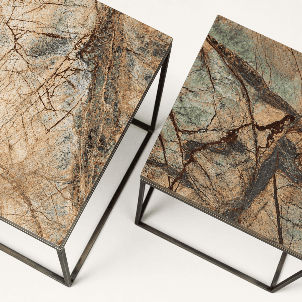 Garda nesting side table set with marble-effect tops and slim metal frames for event hire