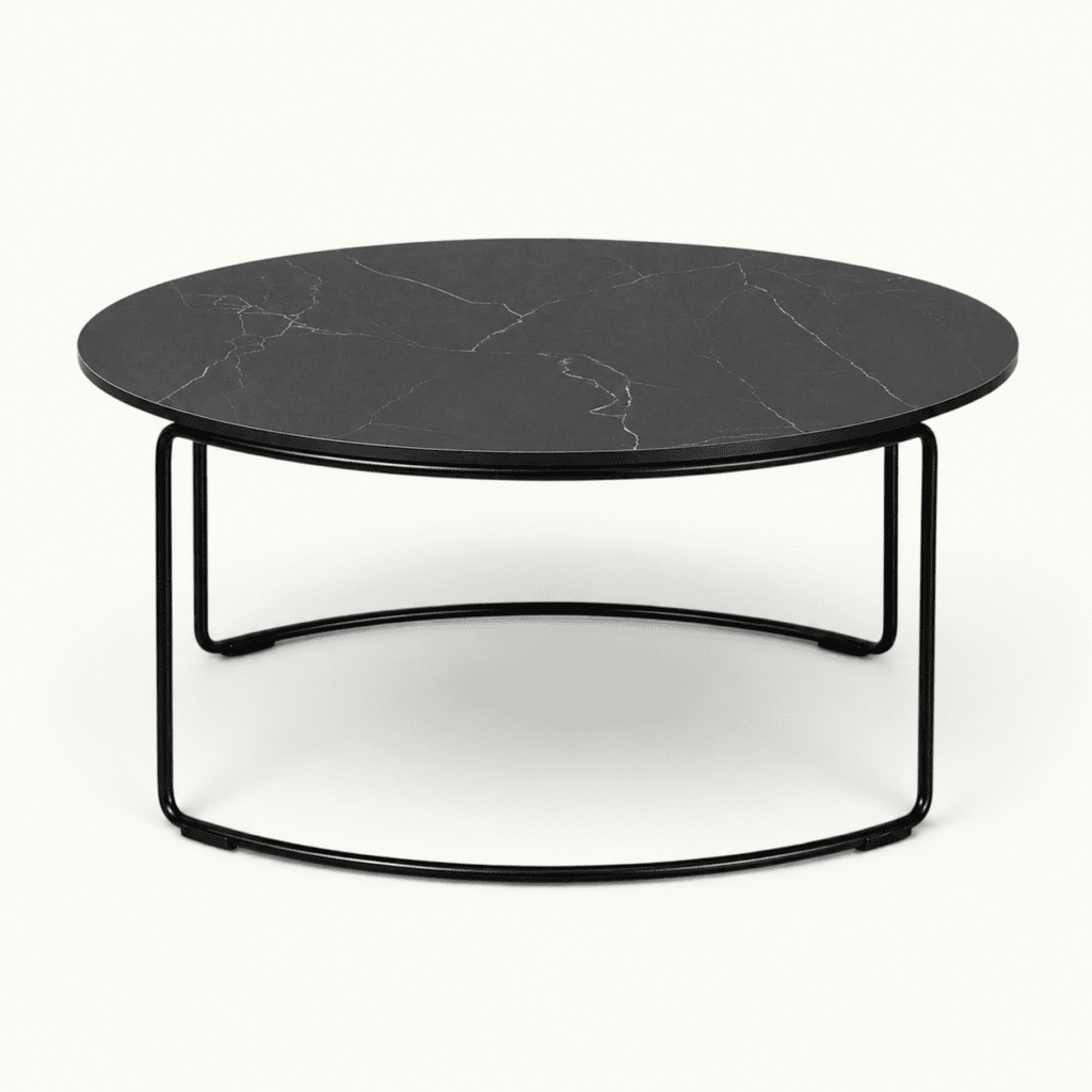 Black marble-effect loop coffee table available to hire from Juno Hire London