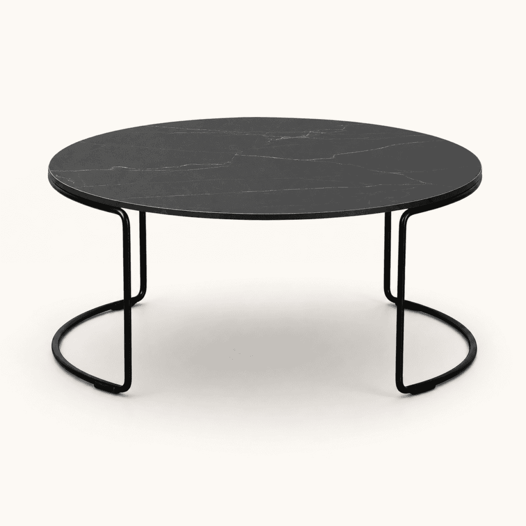 Black marble-effect loop coffee table available to hire from Juno Hire London