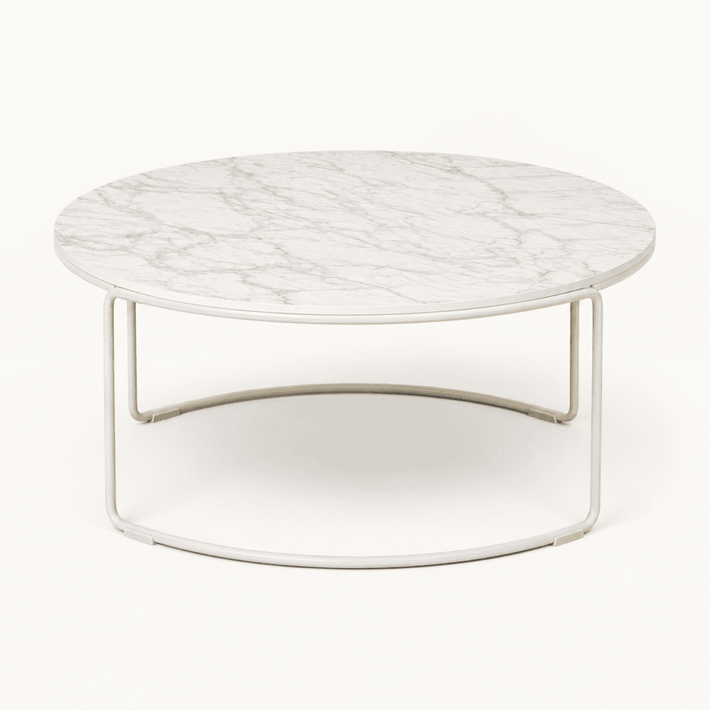 White marble-effect loop coffee table available to hire from Juno Hire London