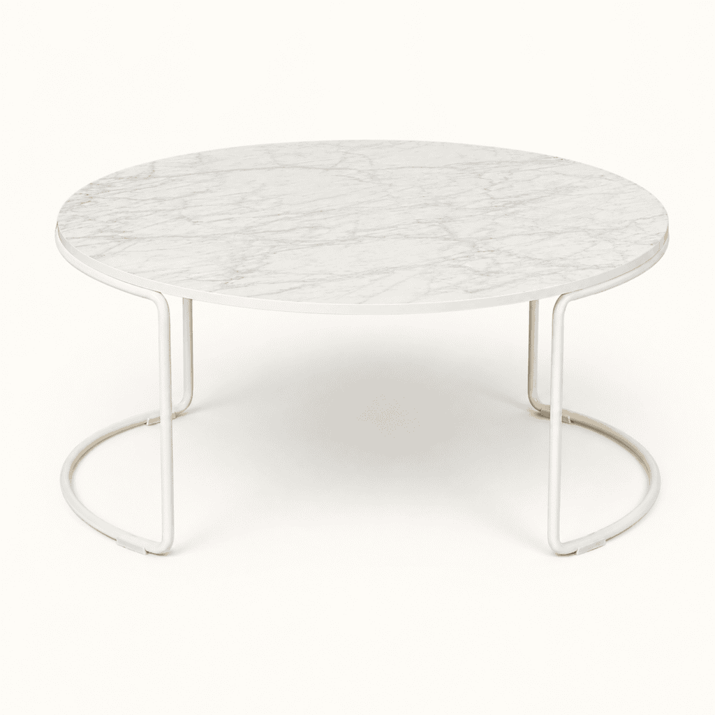 White marble-effect loop coffee table available to hire from Juno Hire London