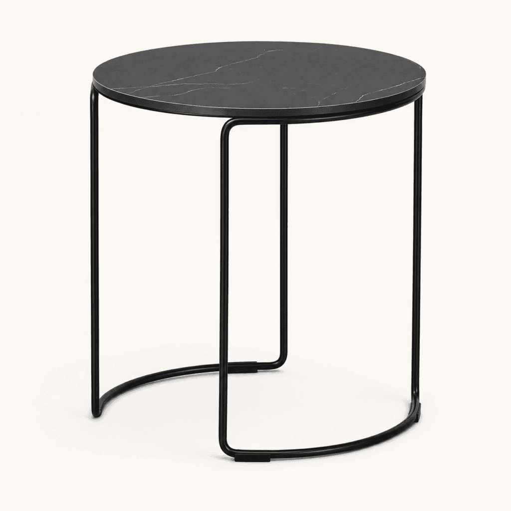 Black marble-effect loop side table available to hire from Juno Hire London