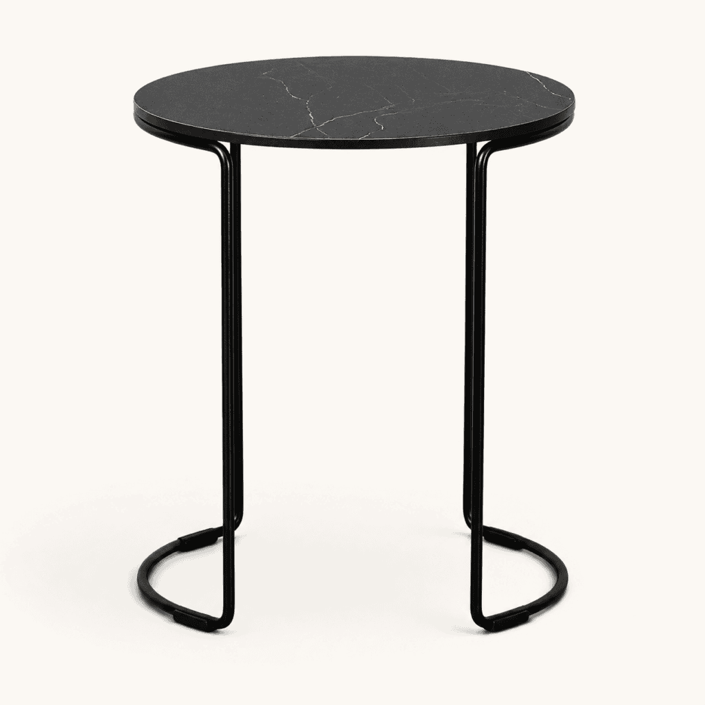 Black marble-effect loop side table available to hire from Juno Hire London