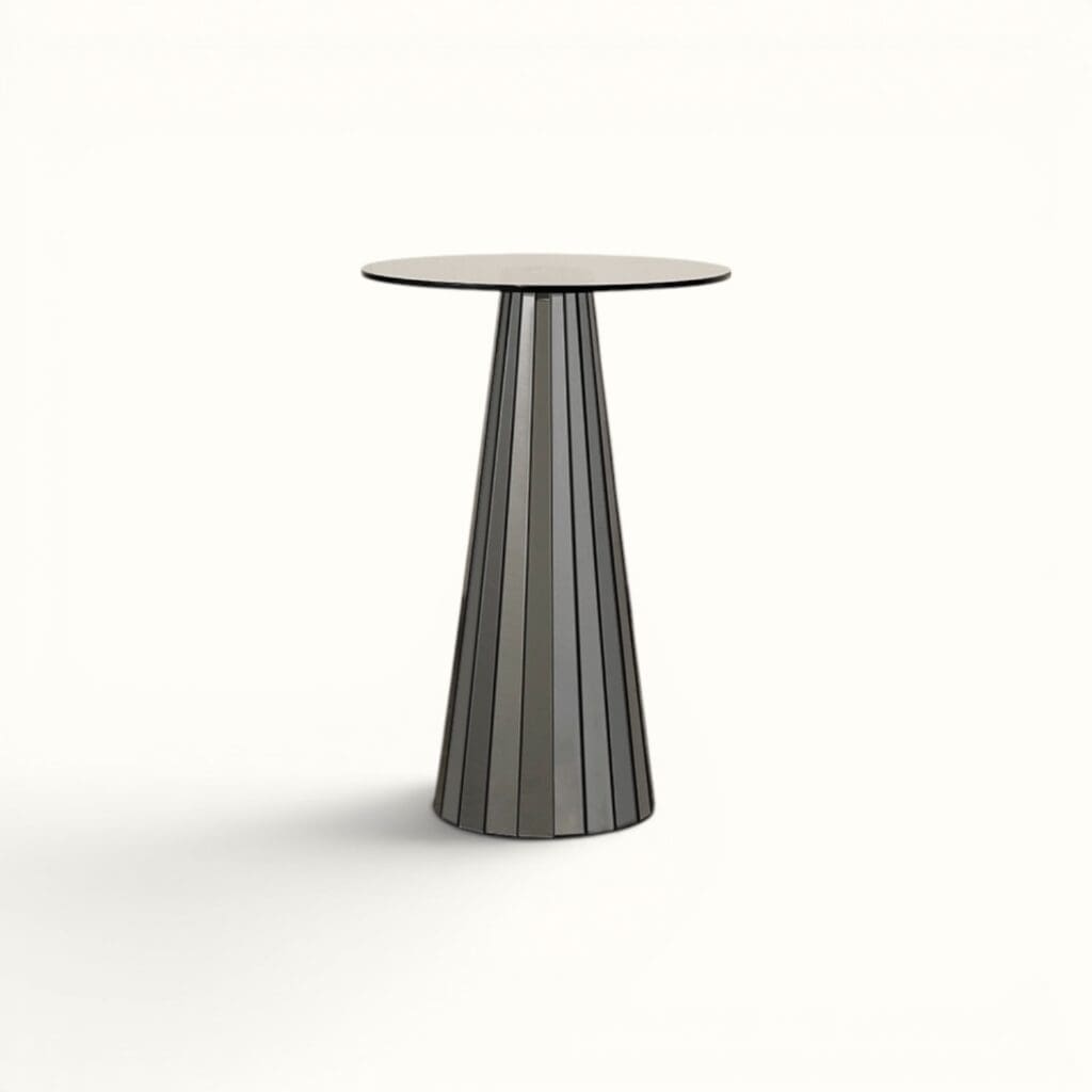 Metallic Prism side table with sculptural geometric base for event hire
