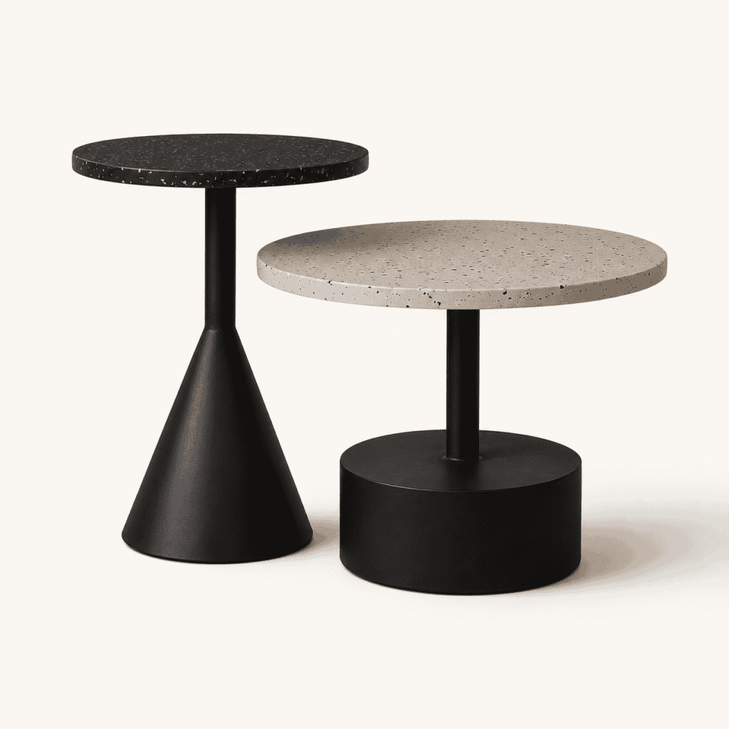 White and black terrazzo side table with black base available to hire from Juno Hire London