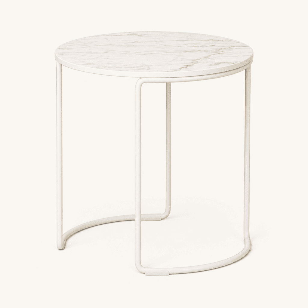 White marble-effect loop side table available to hire from Juno Hire London