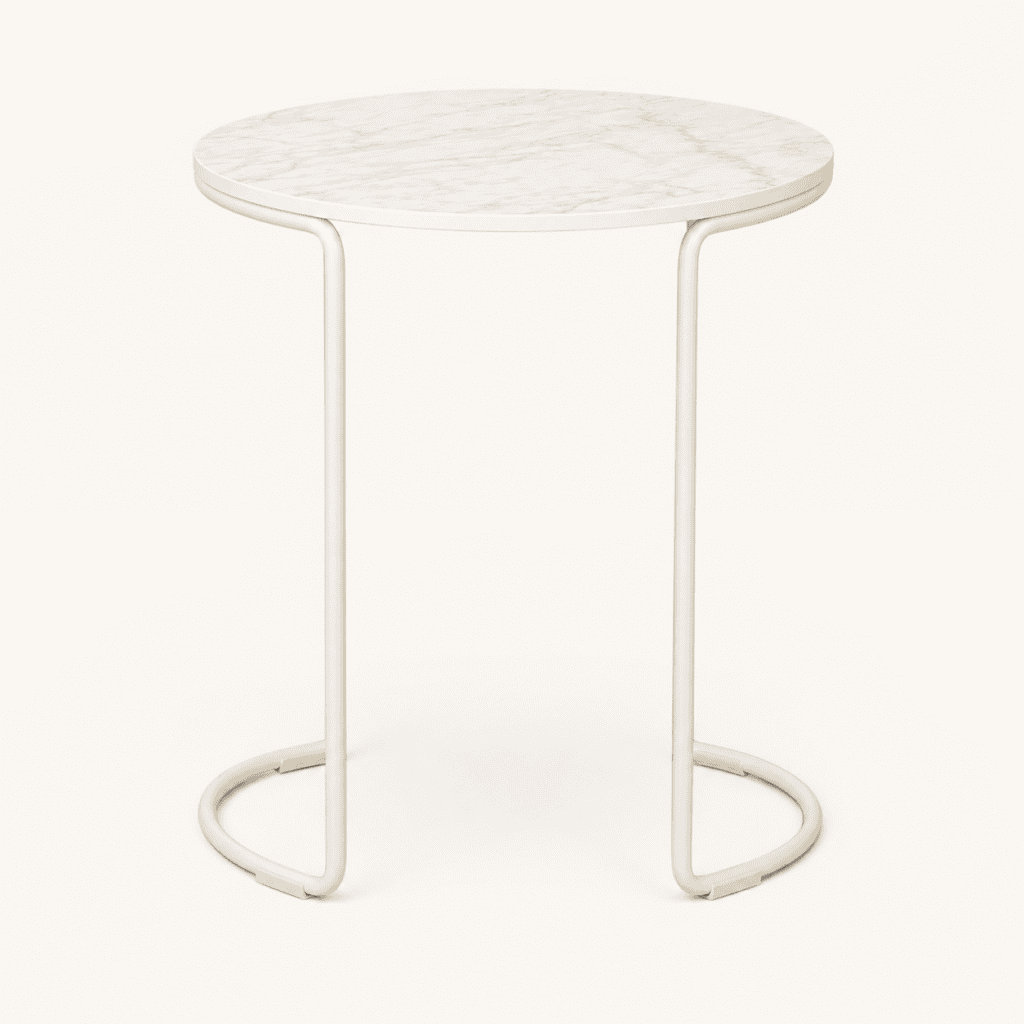 White marble-effect loop side table available to hire from Juno Hire London